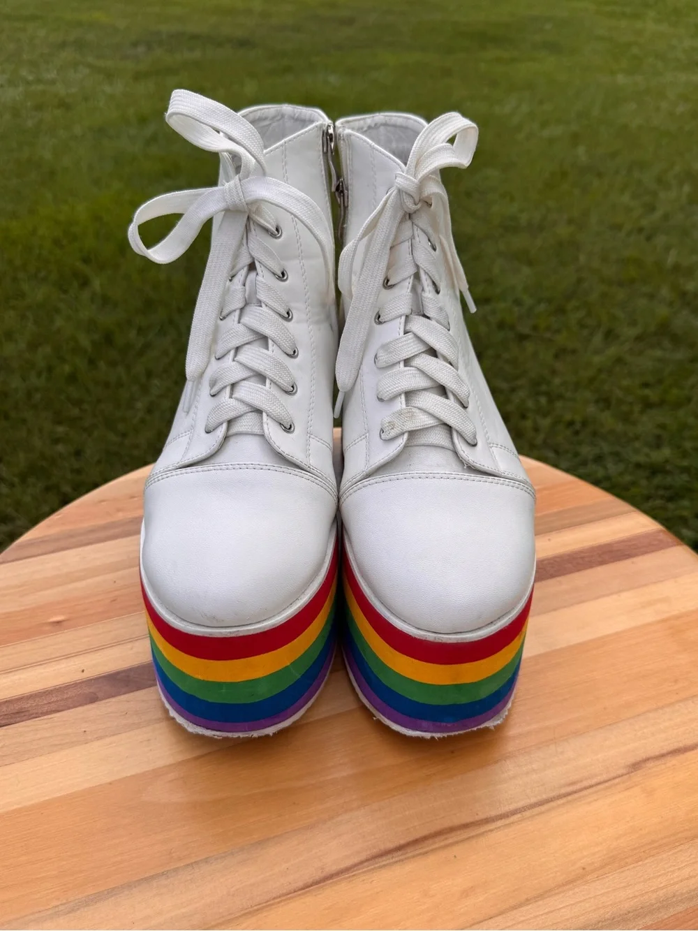 Ladies White Platform Ankle Boots with Rainbow Stripe